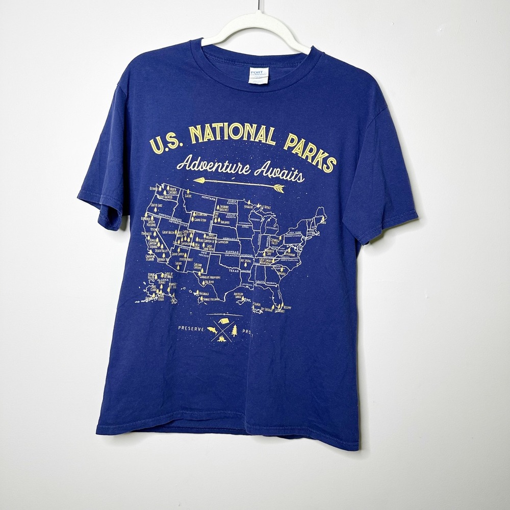 Port & Company US National Parks Graphic T-Shirt Women Medium Blue Good Map Tee‎